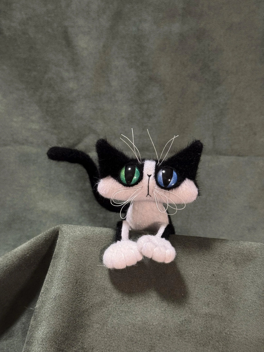 OOAK Black and White Cat Art Doll - Poseable Faux Mohair Plush - Handcrafted Artisan Collectible - SoftLore