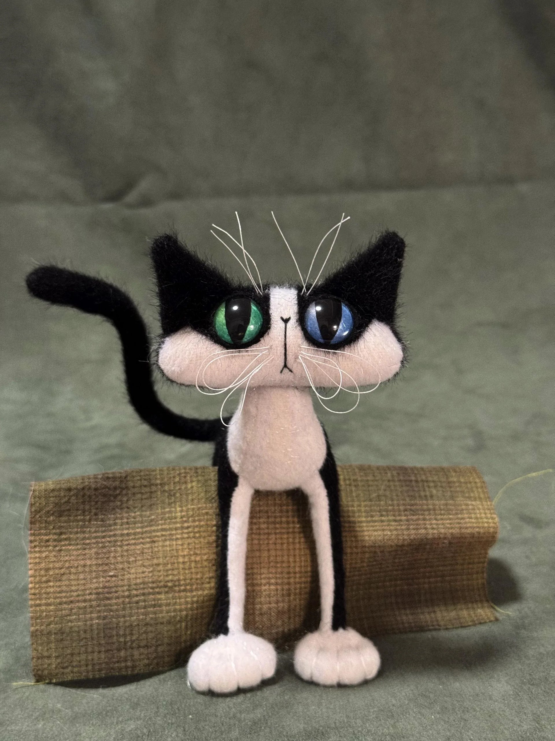 OOAK Black and White Cat Art Doll - Poseable Faux Mohair Plush - Handcrafted Artisan Collectible - SoftLore