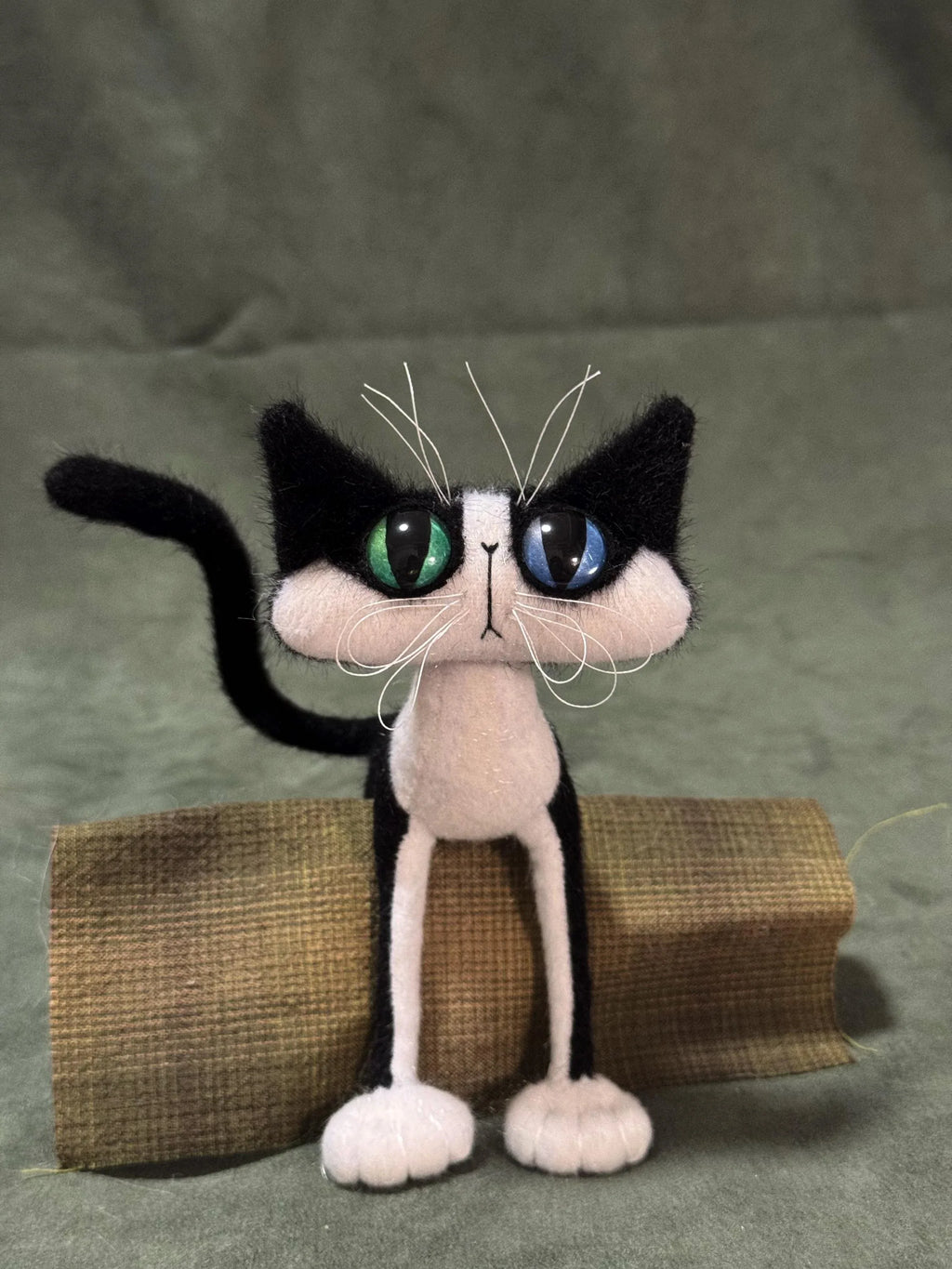 OOAK Black and White Cat Art Doll - Poseable Faux Mohair Plush - Handcrafted Artisan Collectible - SoftLore