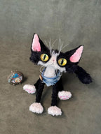 OOAK Black and White Cat Art Doll - Poseable Faux Mohair Plush - Handcrafted Artisan Collectible - SoftLore