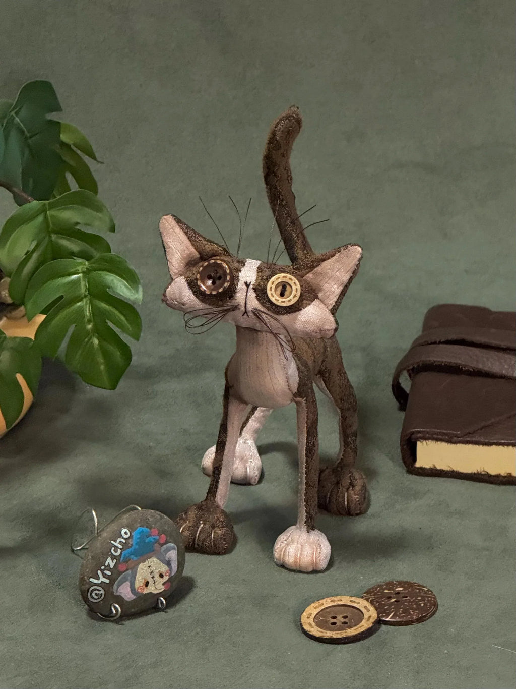 OOAK Button-Eyed Cat Art Doll - Handmade Poseable Plush - Handcrafted Artisan Collectible - SoftLore
