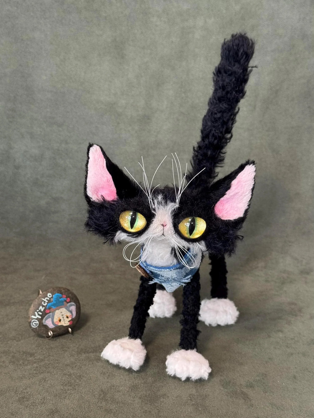 OOAK Black and White Cat Art Doll - Poseable Faux Mohair Plush - Handcrafted Artisan Collectible - SoftLore