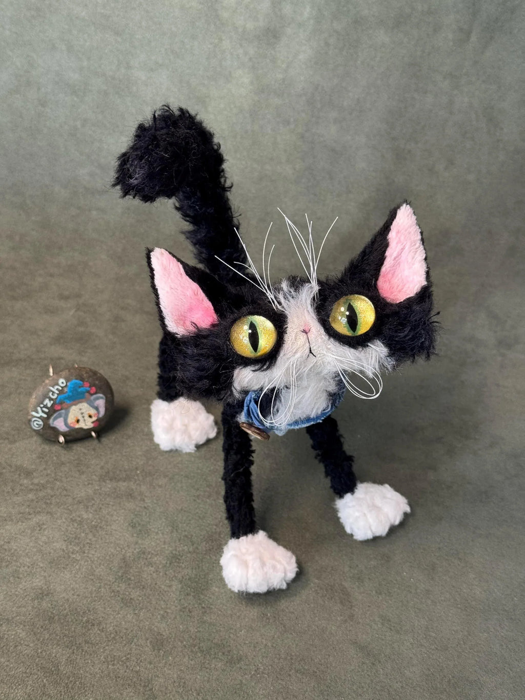 OOAK Black and White Cat Art Doll - Poseable Faux Mohair Plush - Handcrafted Artisan Collectible - SoftLore