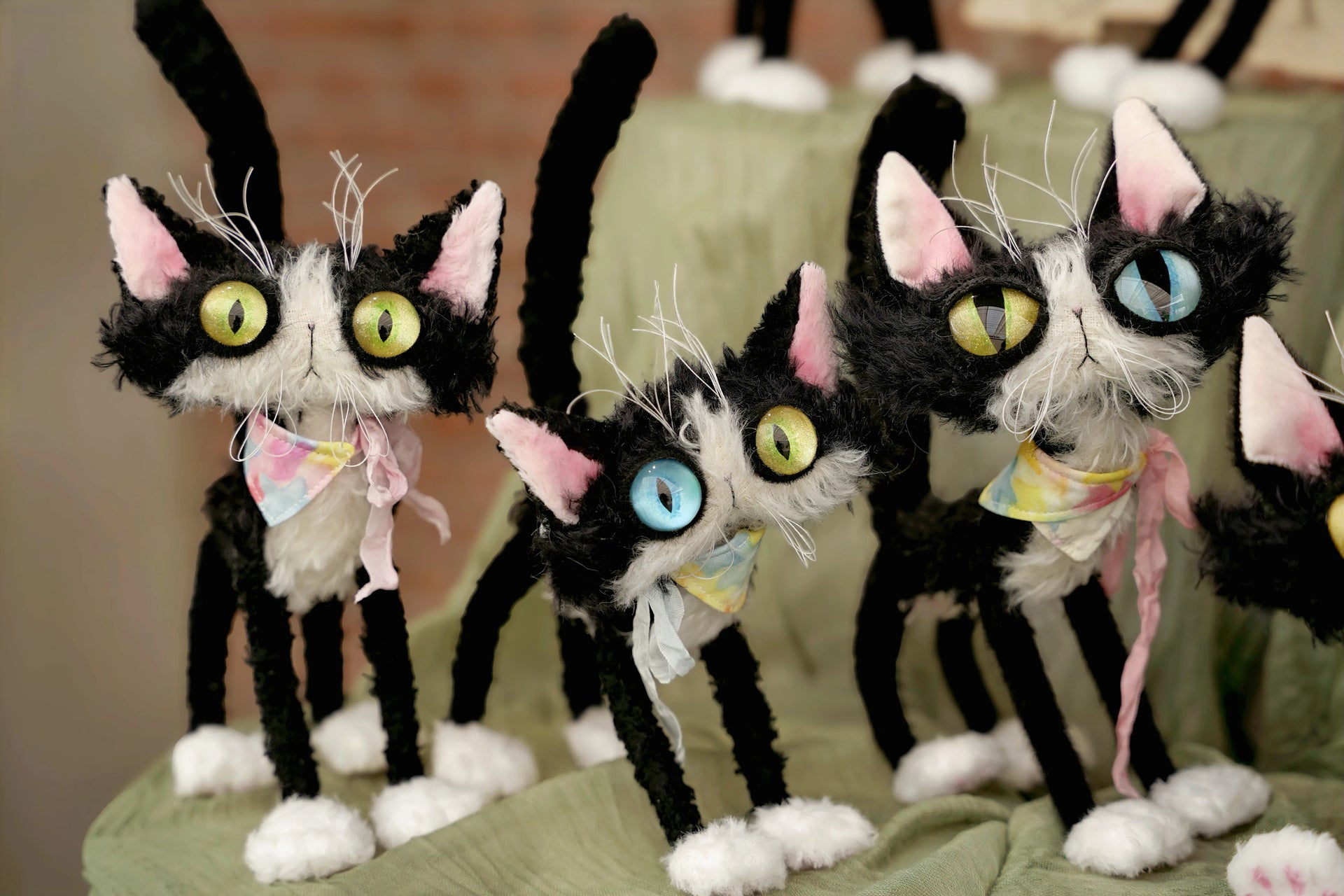 OOAK Black and White Cat Art Doll - Poseable Faux Mohair Plush