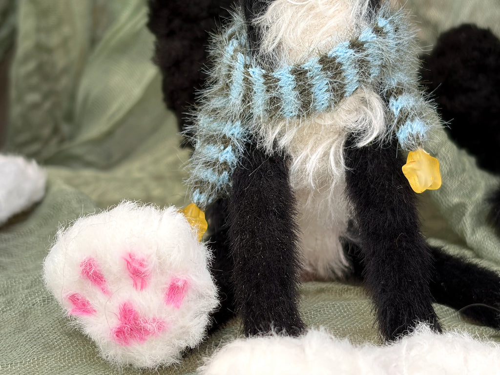 Odd-Eyed Tuxedo Cat Art Doll, OOAK Poseable Faux Mohair Plush by Yizcho