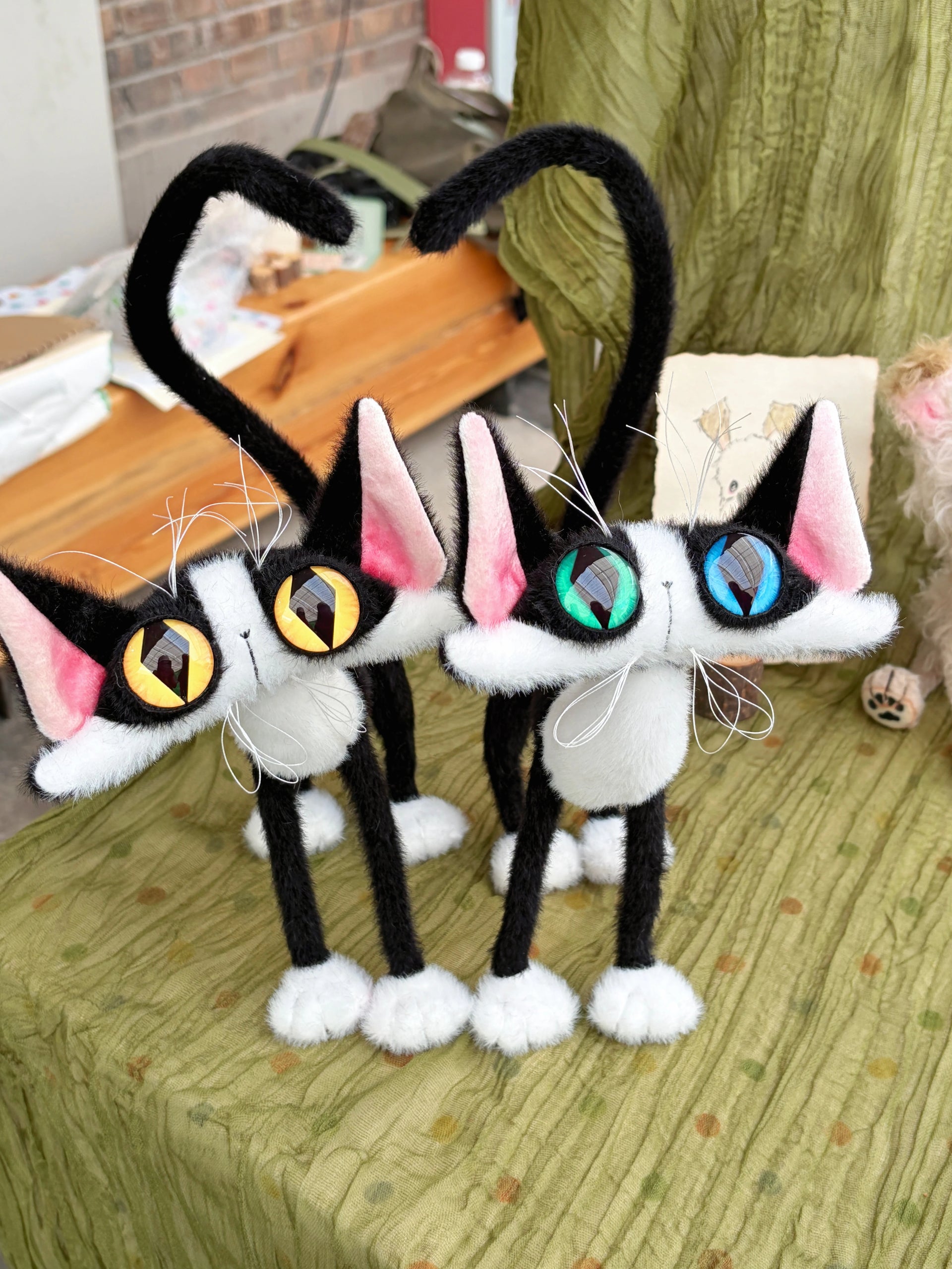 Odd-Eyed Tuxedo Cat Art Doll, OOAK Poseable Faux Mohair Plush by Yizcho