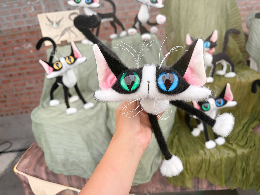 Odd-Eyed Tuxedo Cat Art Doll, OOAK Poseable Faux Mohair Plush by Yizcho