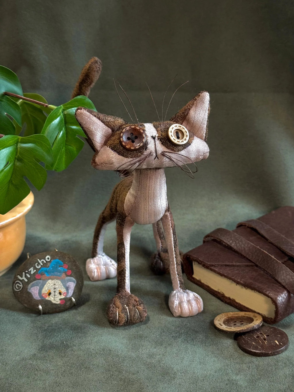 OOAK Button-Eyed Cat Art Doll - Handmade Poseable Plush - Handcrafted Artisan Collectible - SoftLore