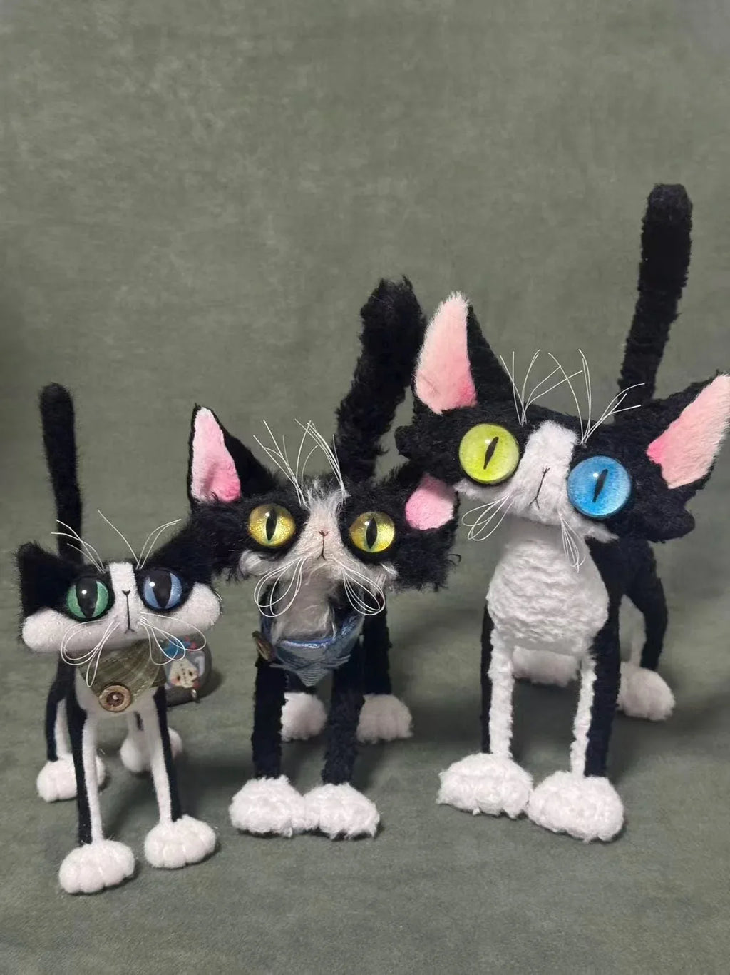 OOAK Black and White Cat Art Doll - Poseable Faux Mohair Plush - Handcrafted Artisan Collectible - SoftLore