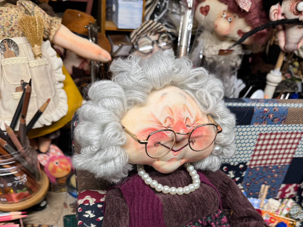Kind Granny OOAK Handmade Fabric Art Doll, Poseable Collectible Artist Doll