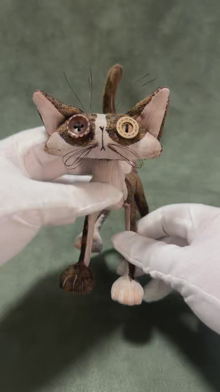 OOAK Button-Eyed Cat Art Doll - Handmade Poseable Plush
