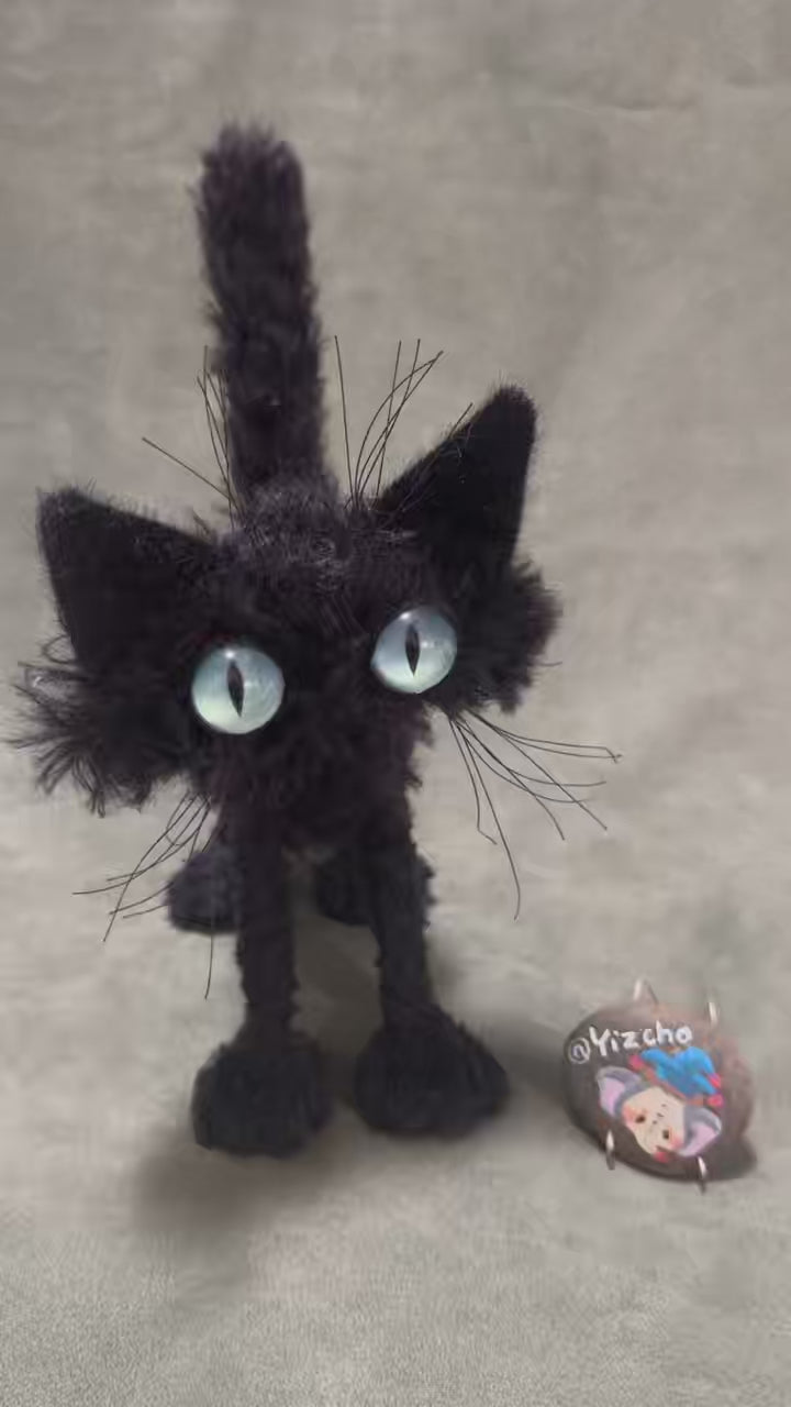 Handmade Mohair Cat Plush - Poseable Art Doll with Resin Eyes