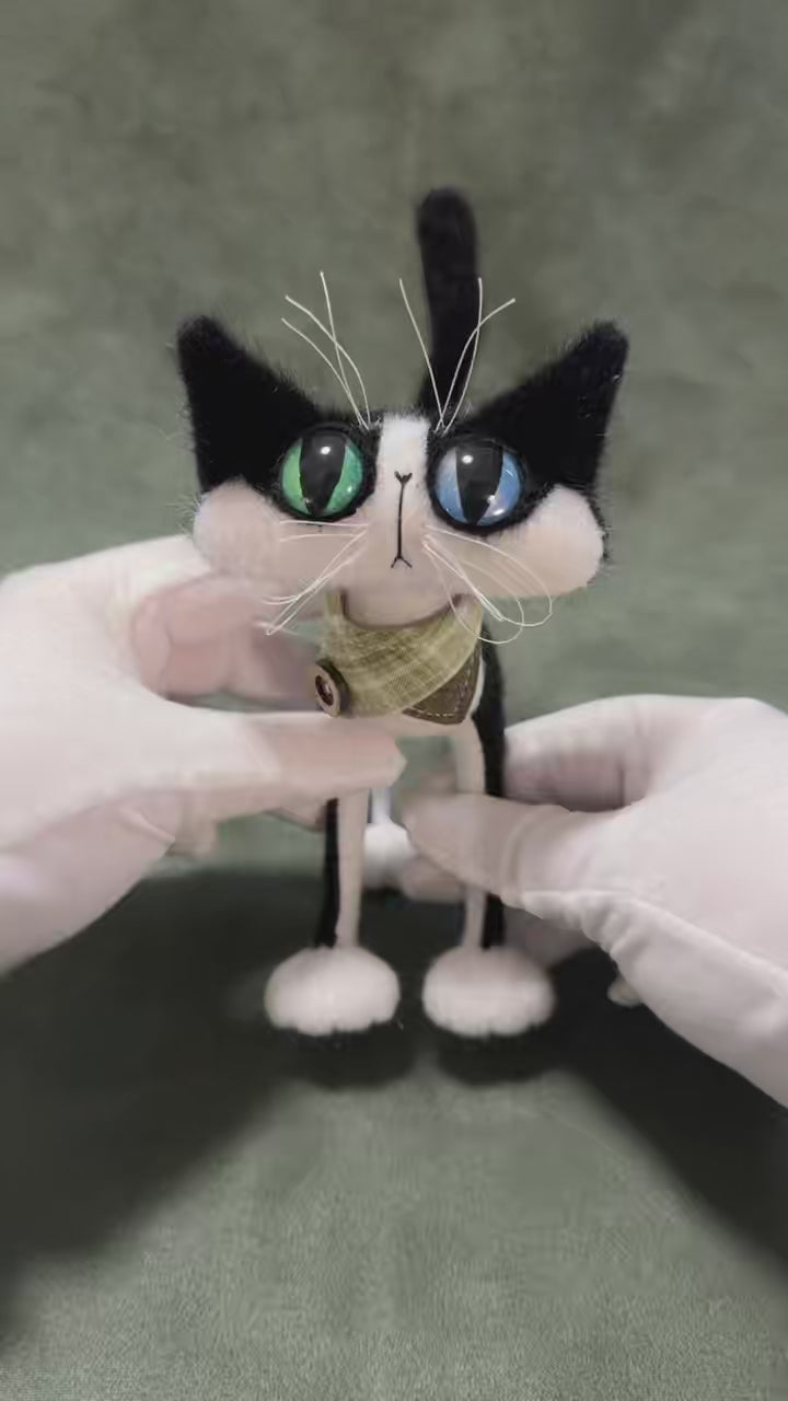 OOAK Black and White Cat Art Doll - Poseable Faux Mohair Plush
