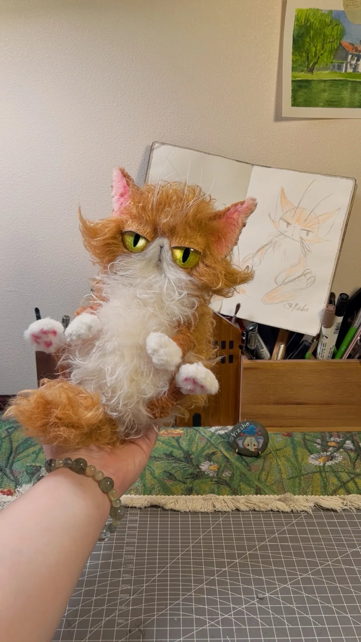 Handmade orange cat art doll prototype for the SoftLore Kickstarter collection