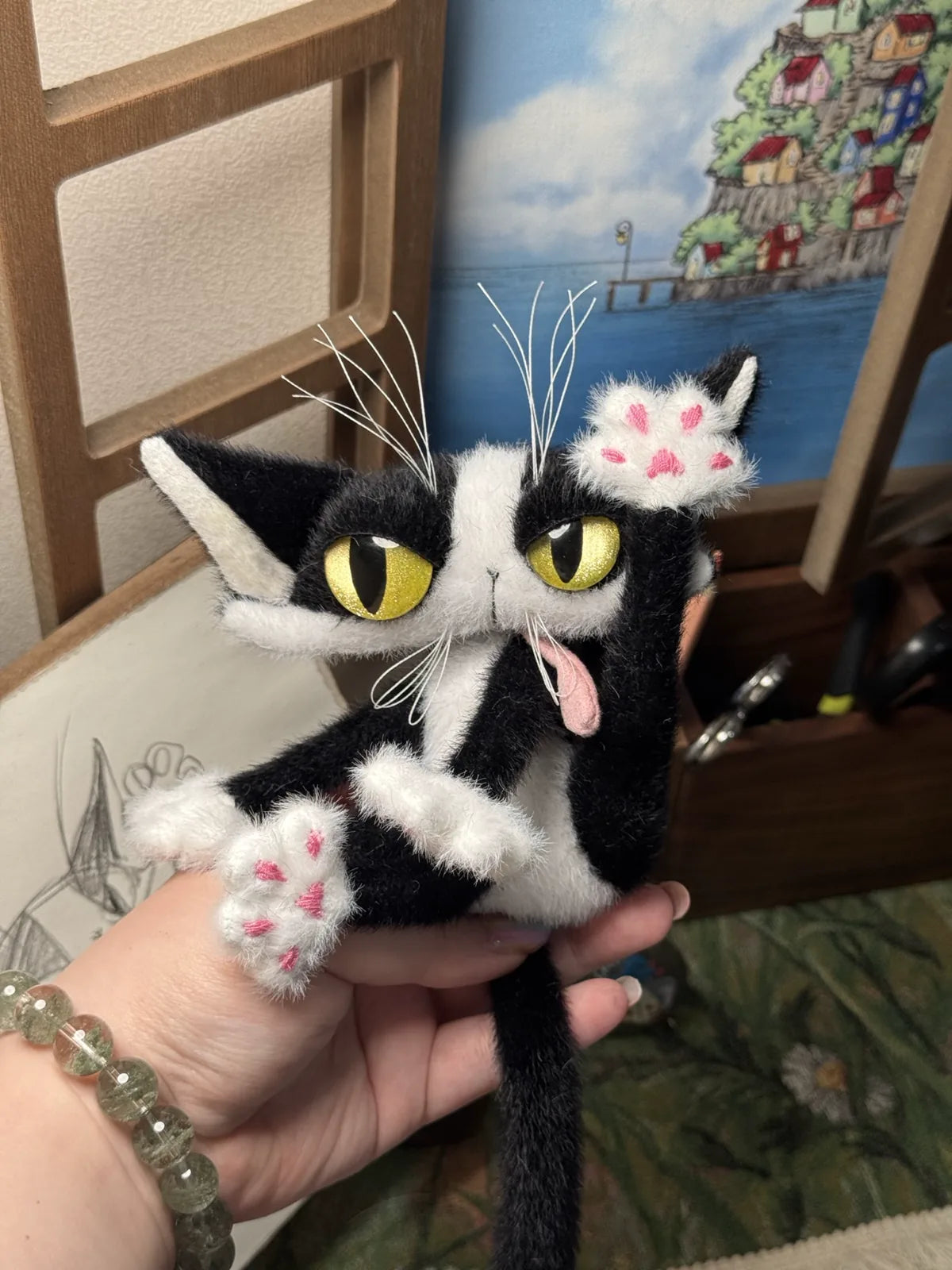 Handmade black and white Pawcho plush charm prototype